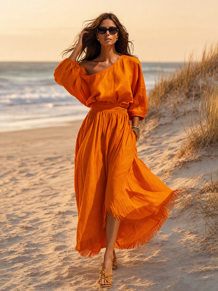 Elegant Vacation-style One-shoulder Cotton And Linen Maxi Dress