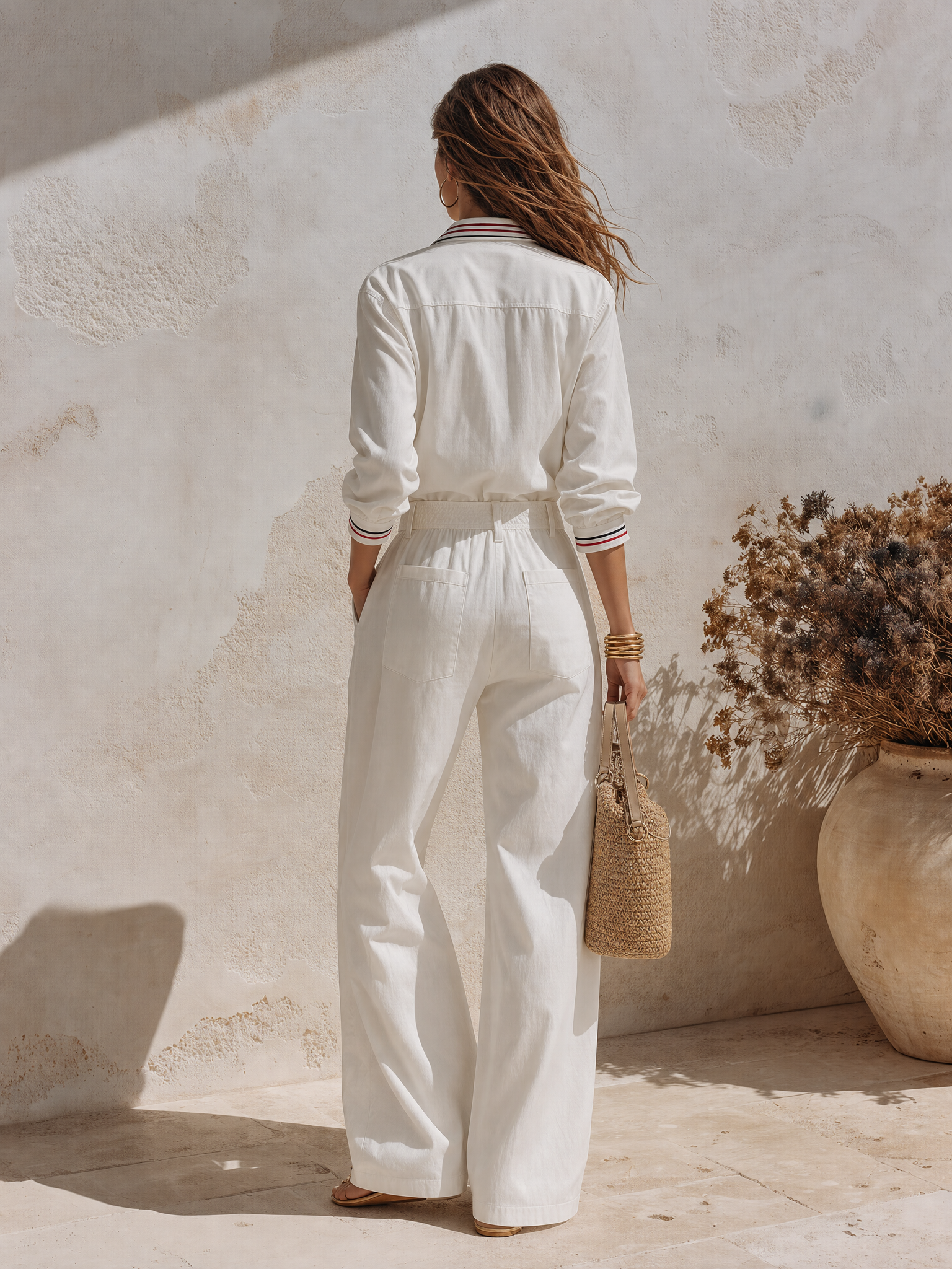 Resort-style Long-sleeve Featuring Collar Contrasting Striped Trim Top And Trousers Set