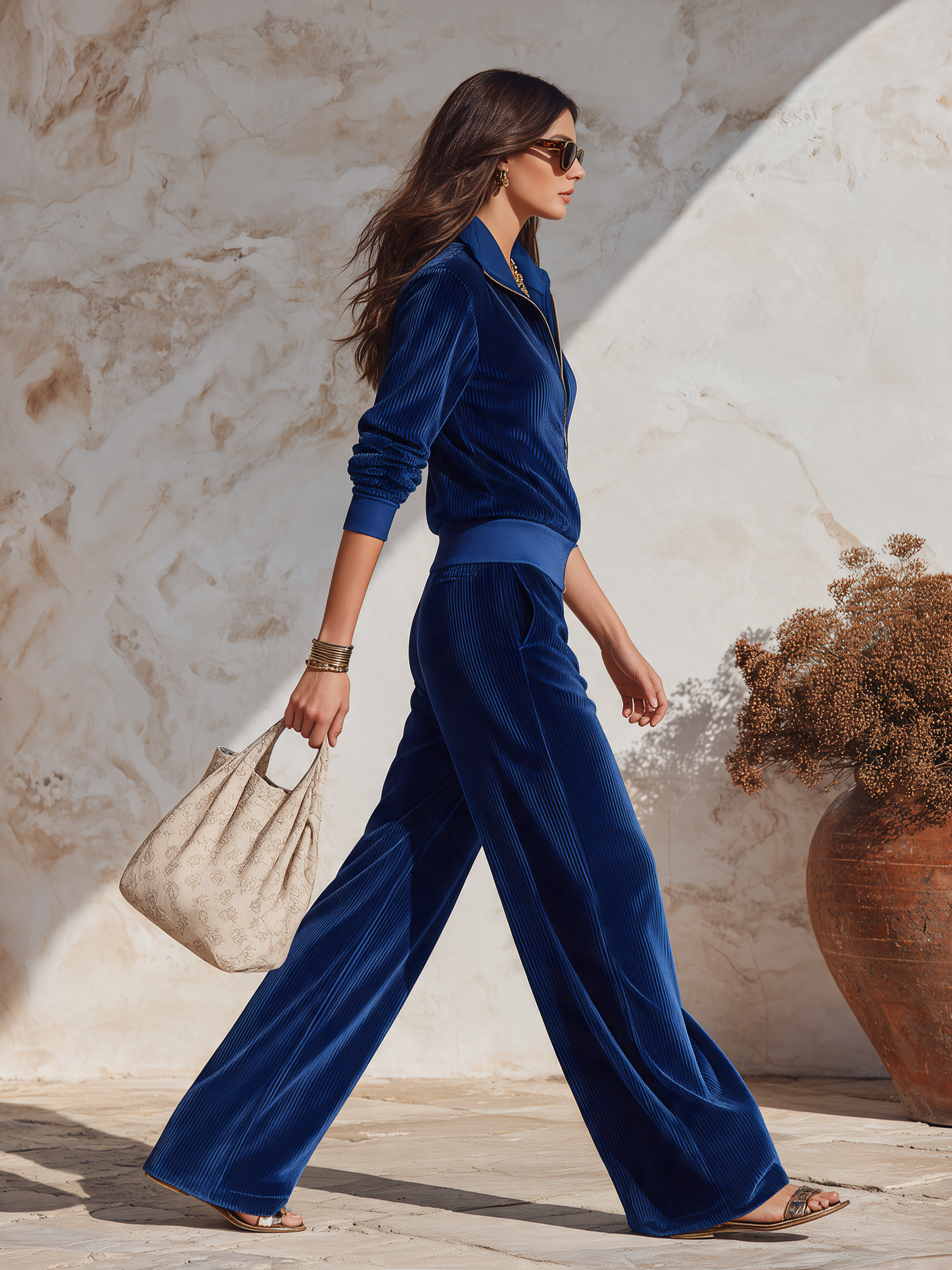 Resort-style Sophisticated Collared Long-sleeved Zip-up Top And Trousers Set