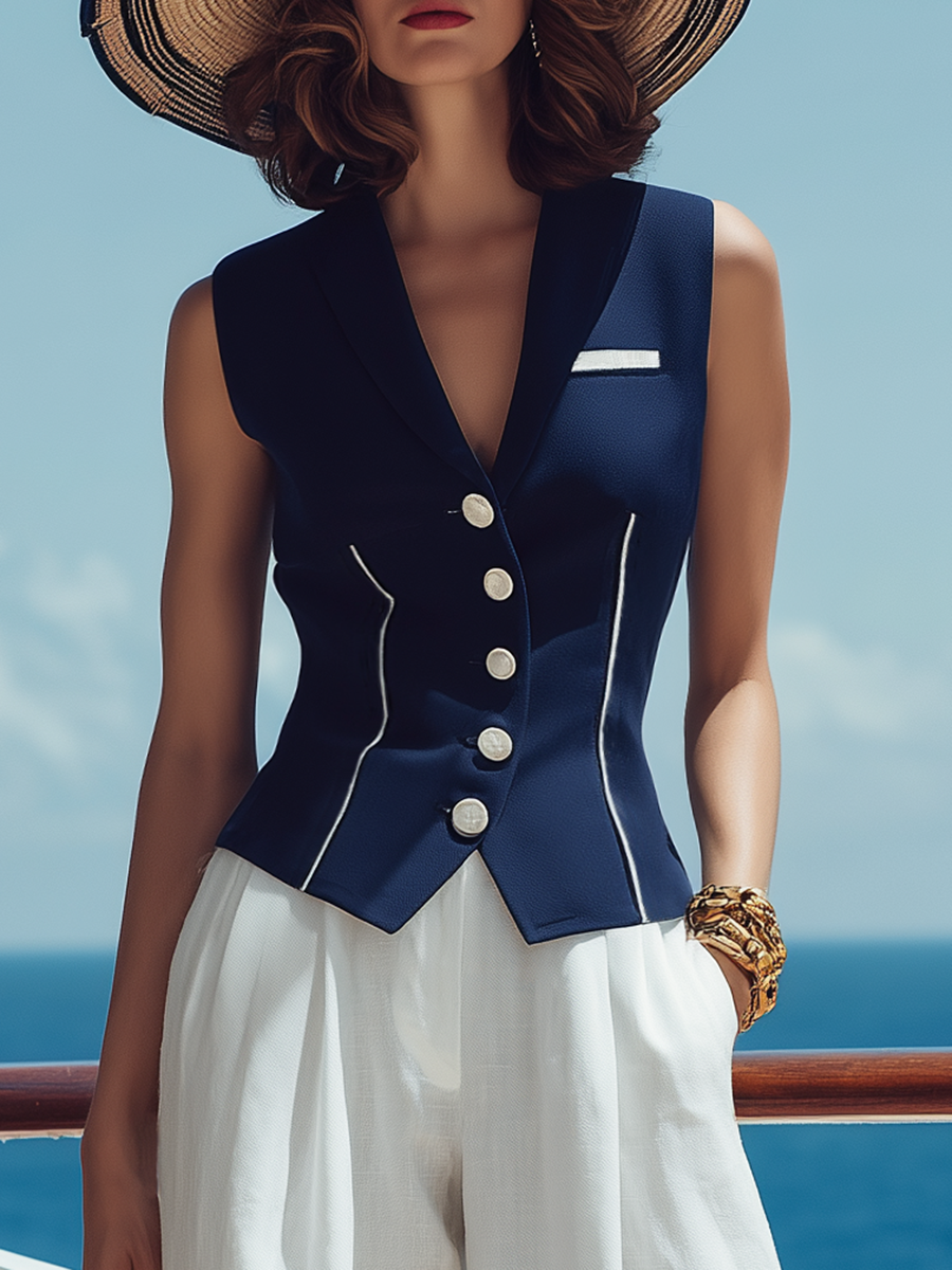 Casual Navy Style Dark Blue Vest And White Wide-Leg Pants Cotton Linen Set