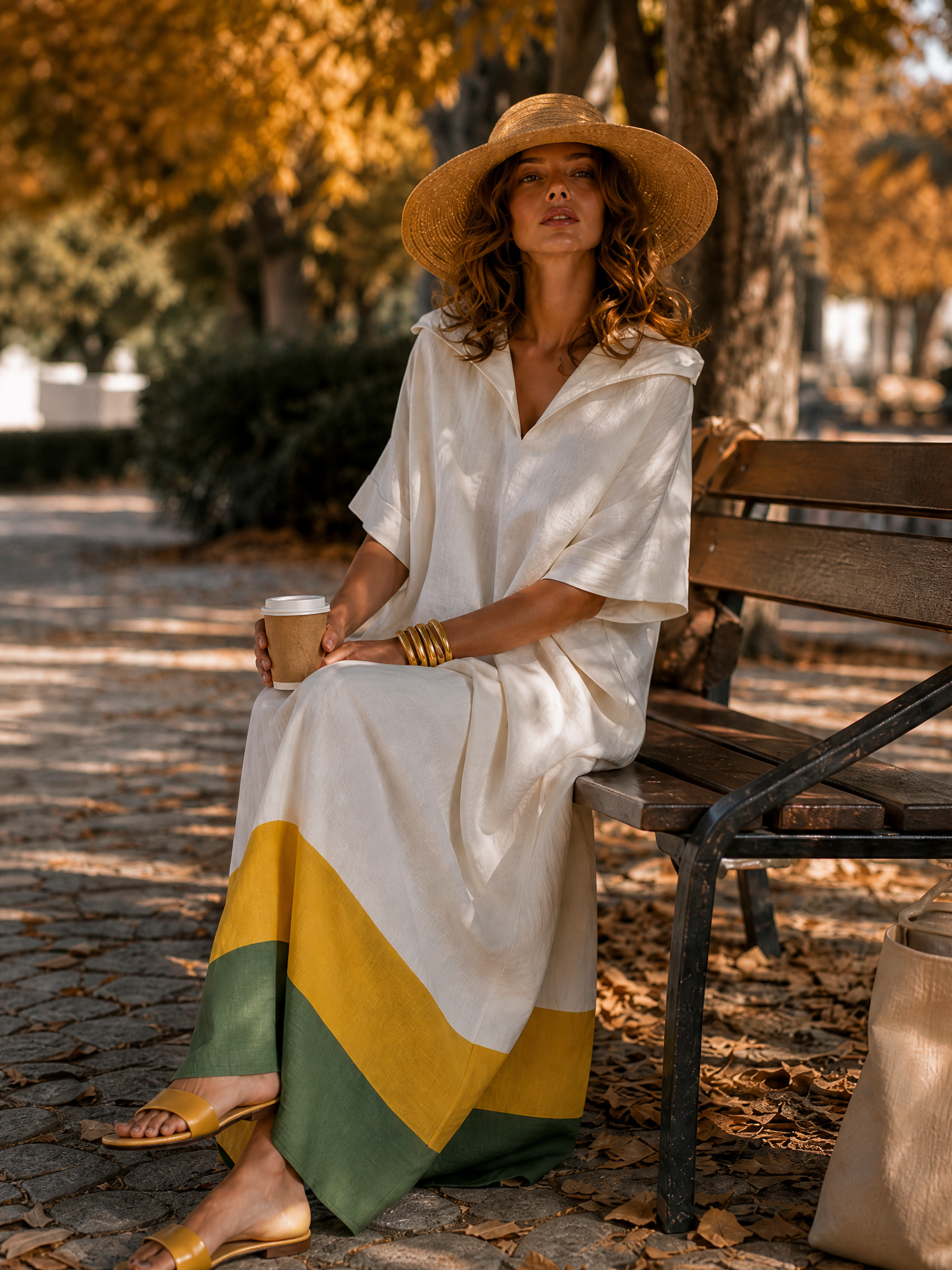 Minimalist Color-Block Hem Off-White Hooded Short-Sleeve Cotton-Linen Maxi Dress