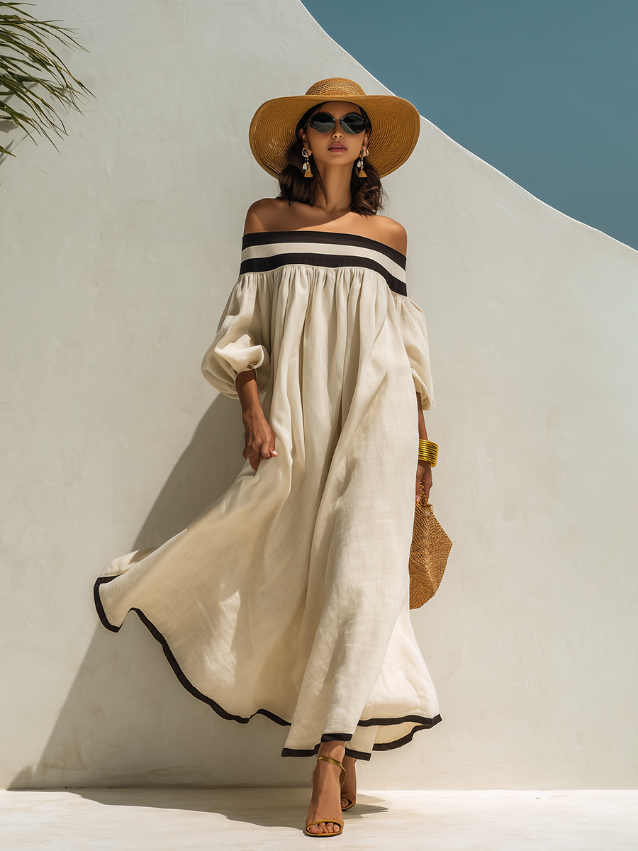 Loose-fitting Color-blocked Off-the-shoulder Beige Cotton-linen Maxi Dress