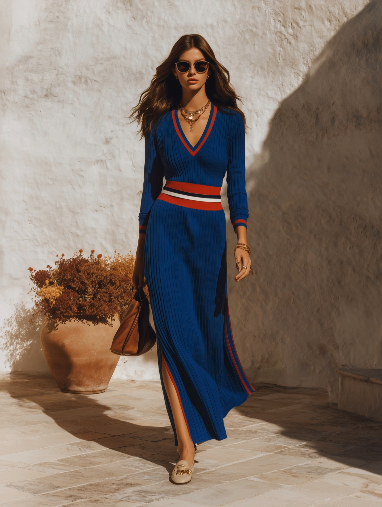 Resort-style V-neck Color-blocked Striped Long-sleeved Maxi Dress