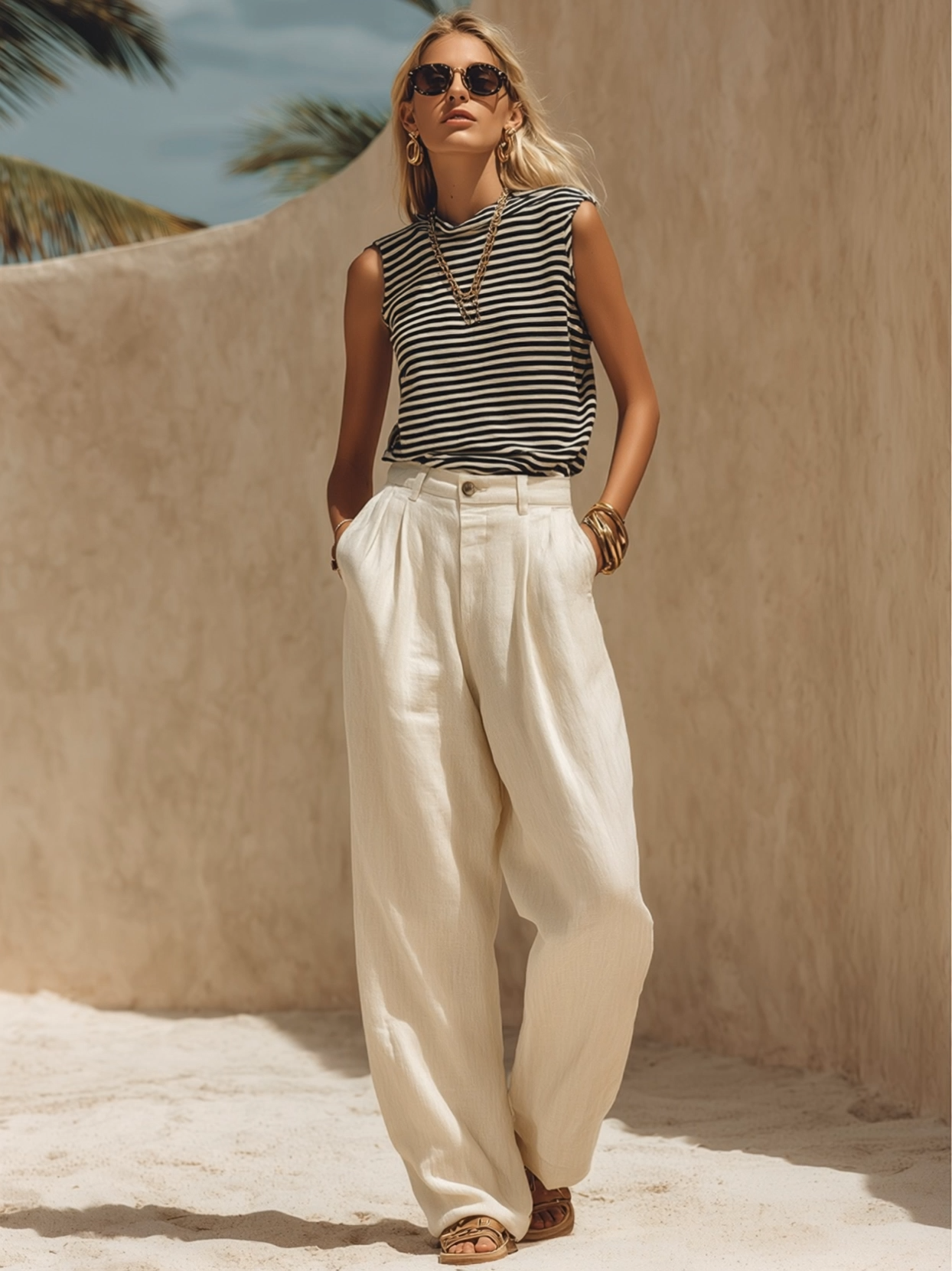 Minimalist Coastal Black And White Sleeveless Top And Off-White Wide-Leg Pants Set