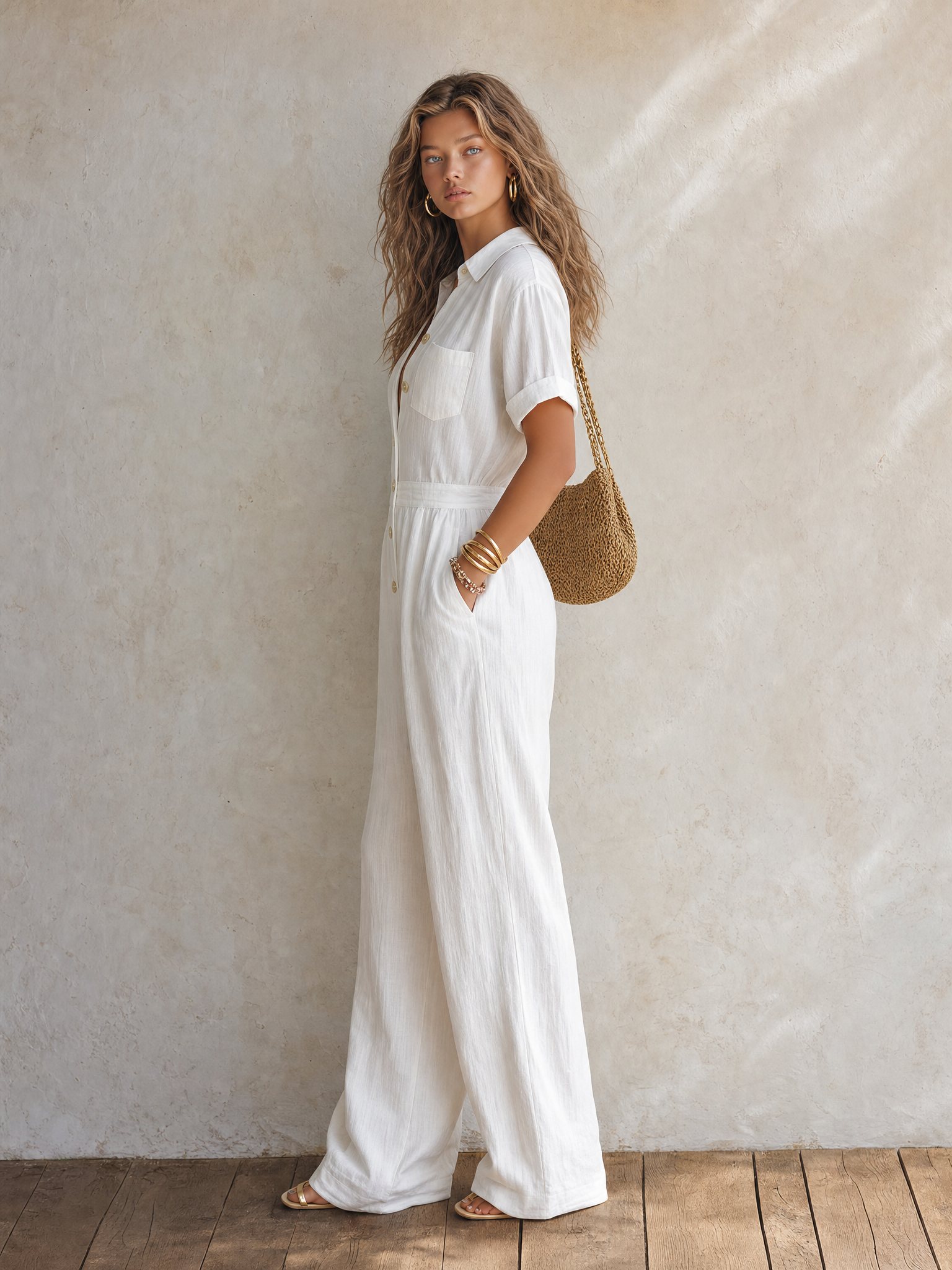 Solid-color V-neck Short-sleeve Resort-style Jumpsuit