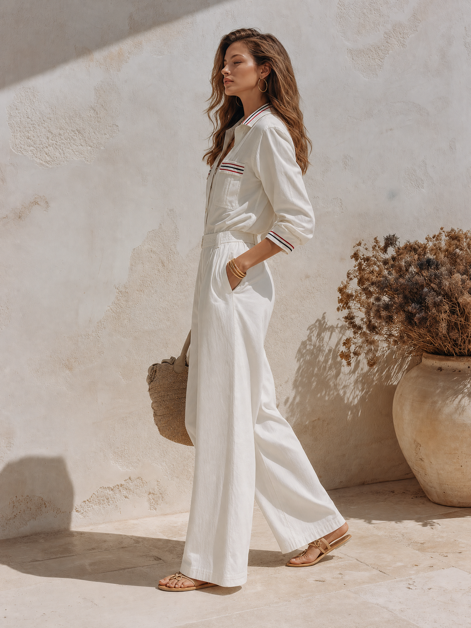 Resort-style Long-sleeve Featuring Collar Contrasting Striped Trim Top And Trousers Set