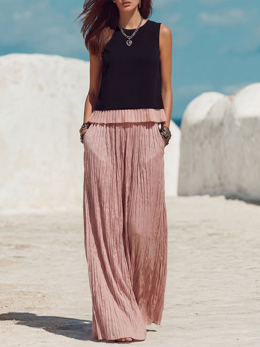 Casual Vacation Style Black Patchwork Pink Ruffled Sleeveless Top And Pink Ruffled Trousers Set