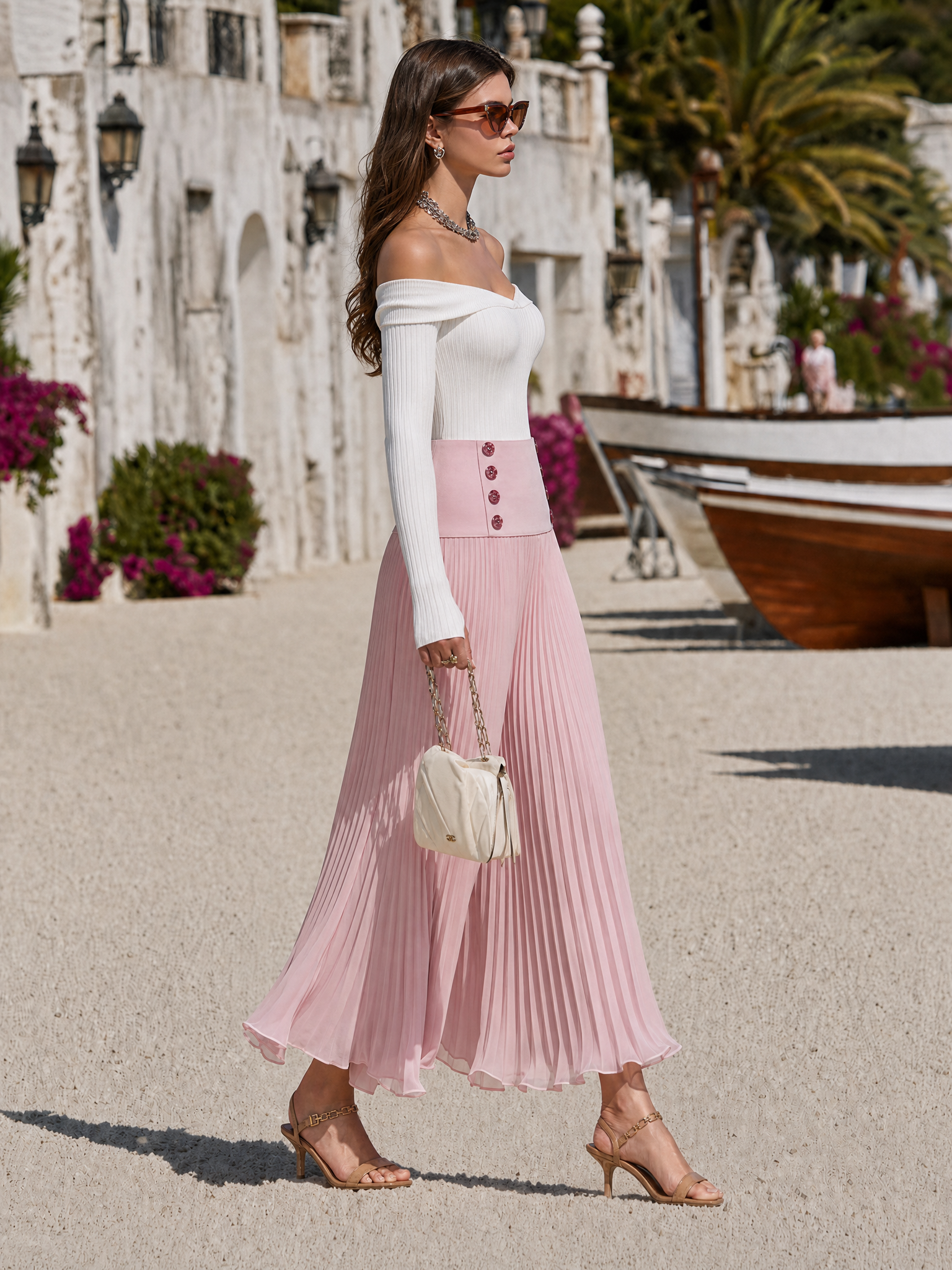 Resort-style Off-shoulder Long-sleeve Knit Top And Pleated Skirt Set