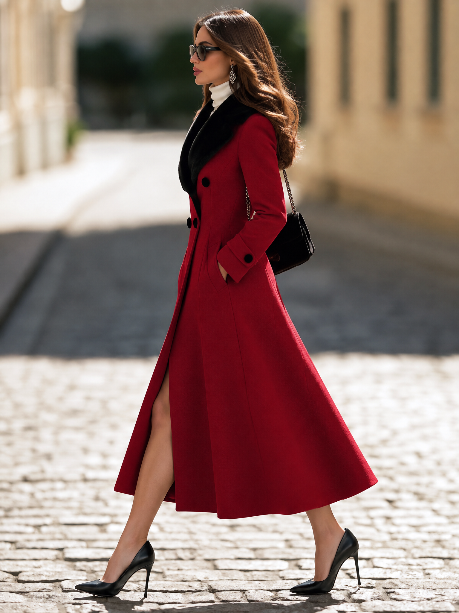 Resort-style Fur Collar Long-sleeved Mid-length Coat