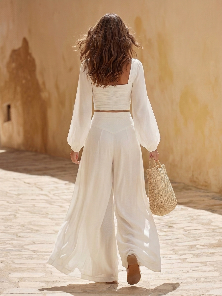 Boho Resort Crinkled Woven Square Neck Ruched Long Sleeve Crop Top & Overlay Split Wide Leg Pant Set