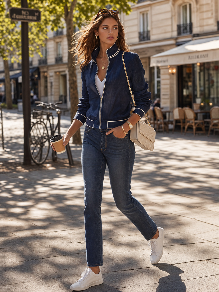 Vacation Casual Retro Stand Collar Color-blocked Cotton-linen Jacket