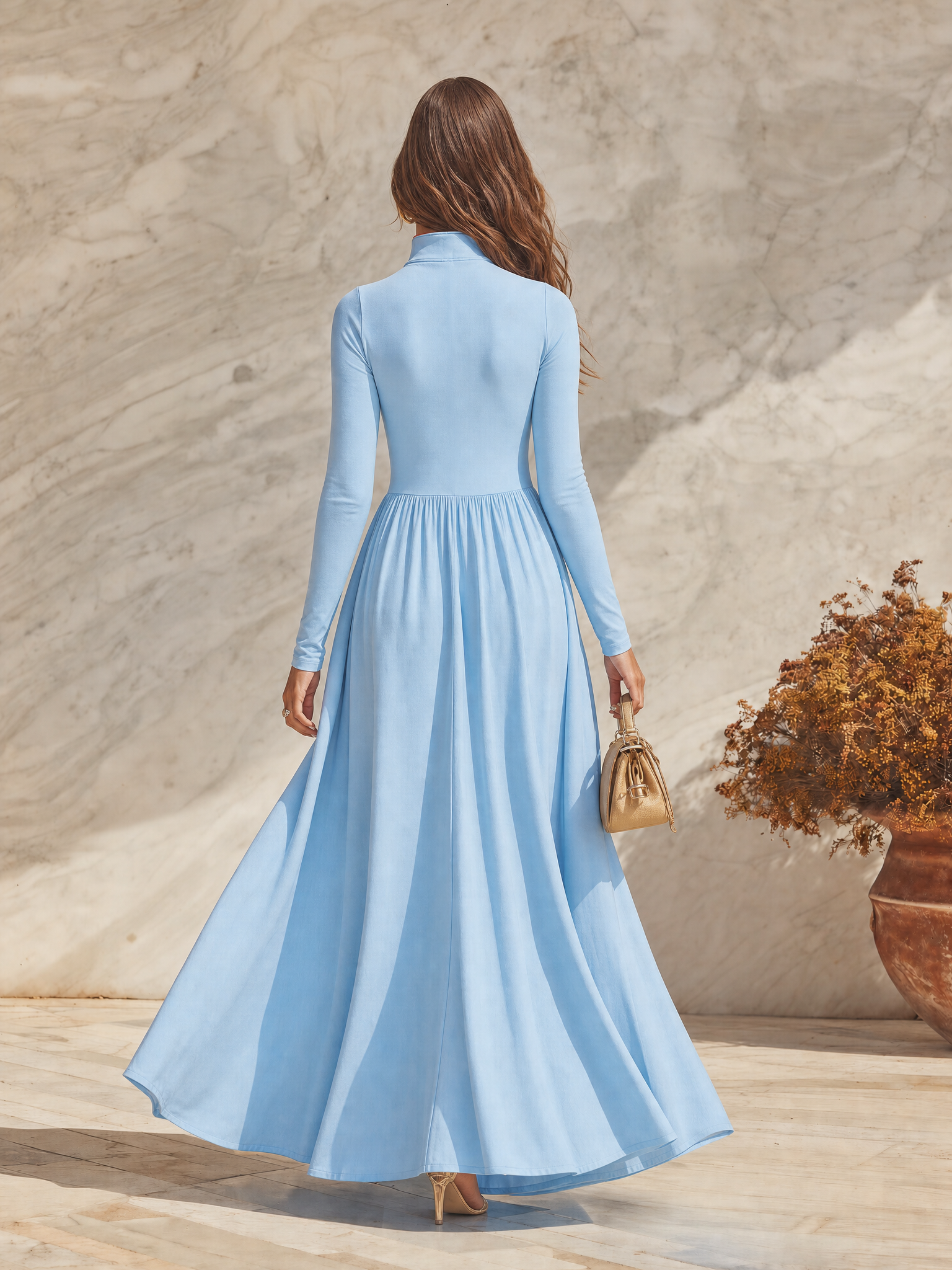Resort-style Stand-up Collar Color-blocked Zip-up Long-sleeved A-line Maxi Dress