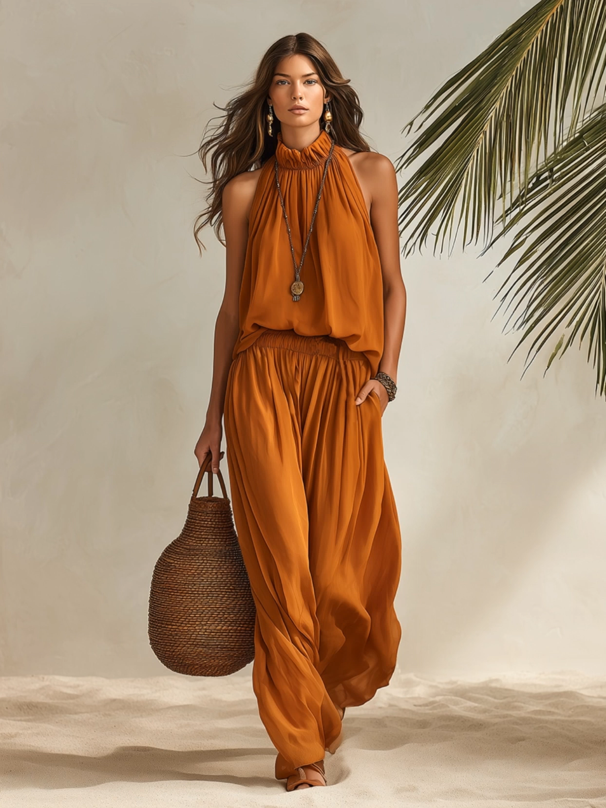 Resort-style Sleeveless A-line Top And Trousers Set