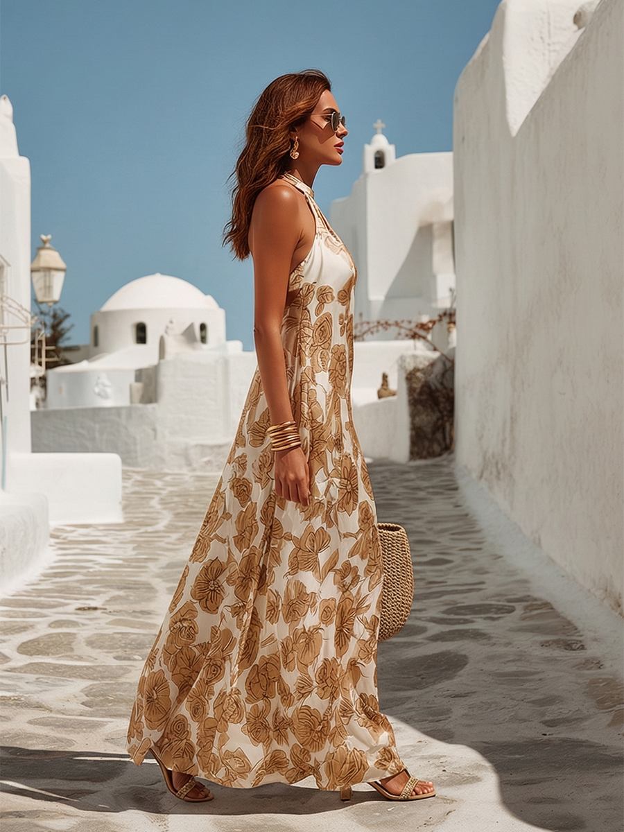 Chic Vacation Sleeveless Floral-Print Satin Maxi Dress