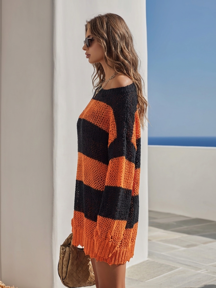 Festive Holiday Vibe Black Orange Stripe Off‑Shoulder Distressed Oversized Knit Tunic Sweater