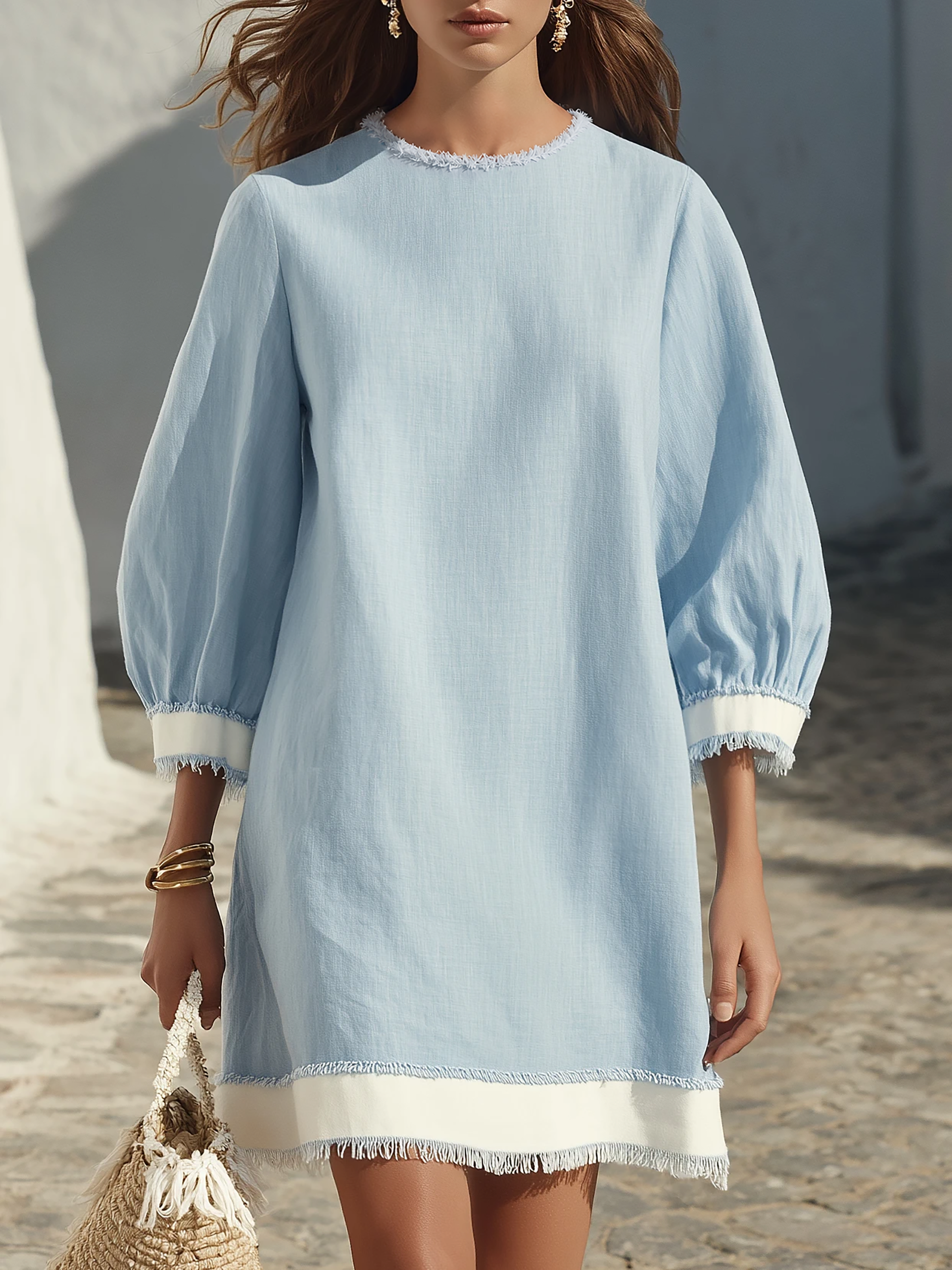 Mediterranean Resort Light Linen Fringe Trim Puff Sleeve Mini Dress - Lunemuse