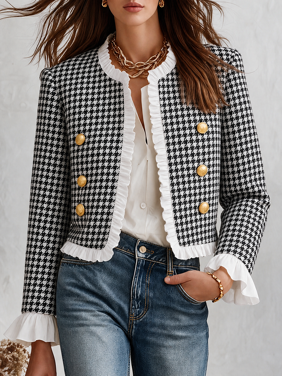Resort-style Crew-neck Houndstooth Ruffle Jacket