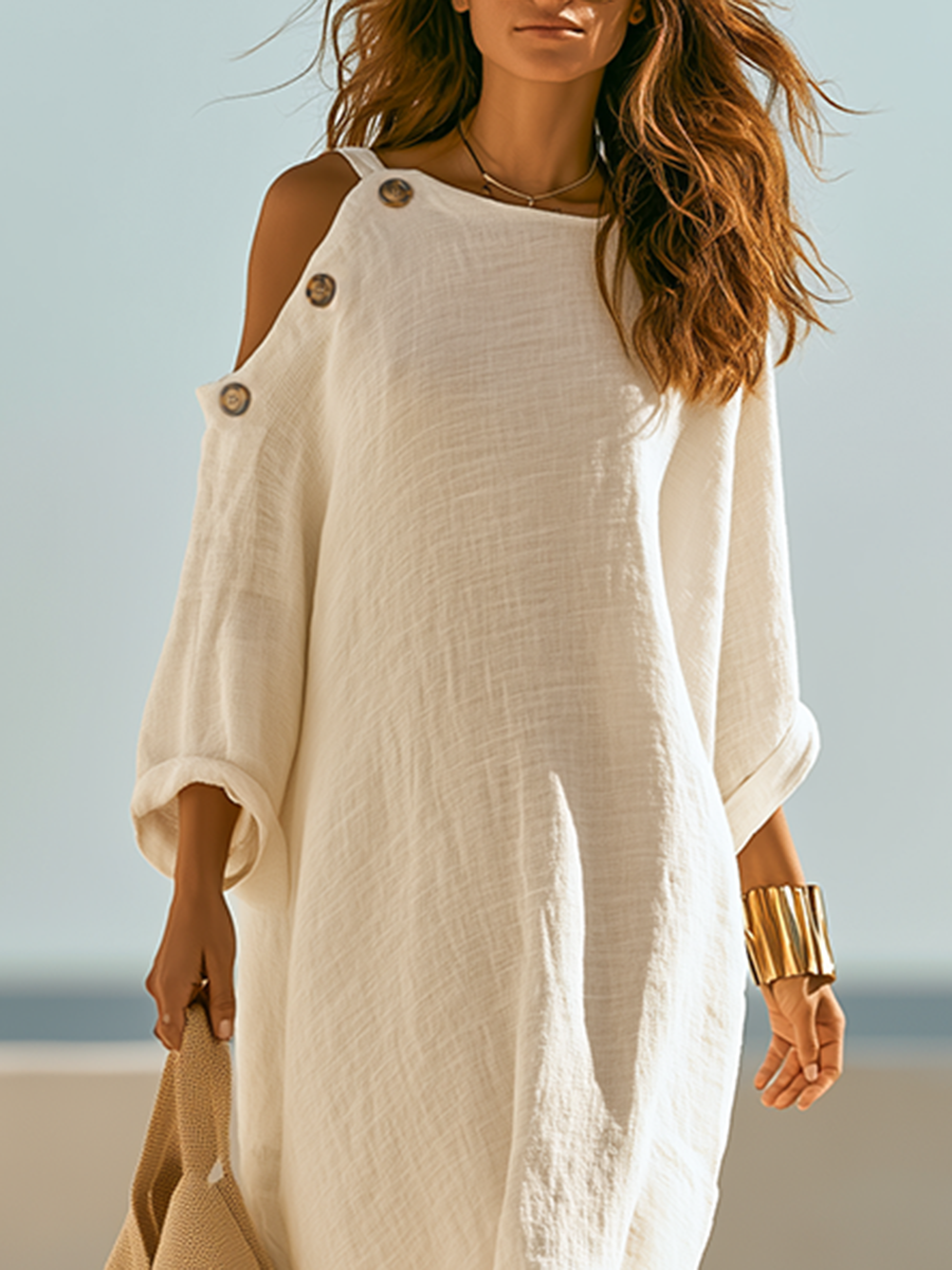 Old Money Style Off-Shoulder Three-quarter Sleeve Off-White Cotton-Linen Maxi Dress