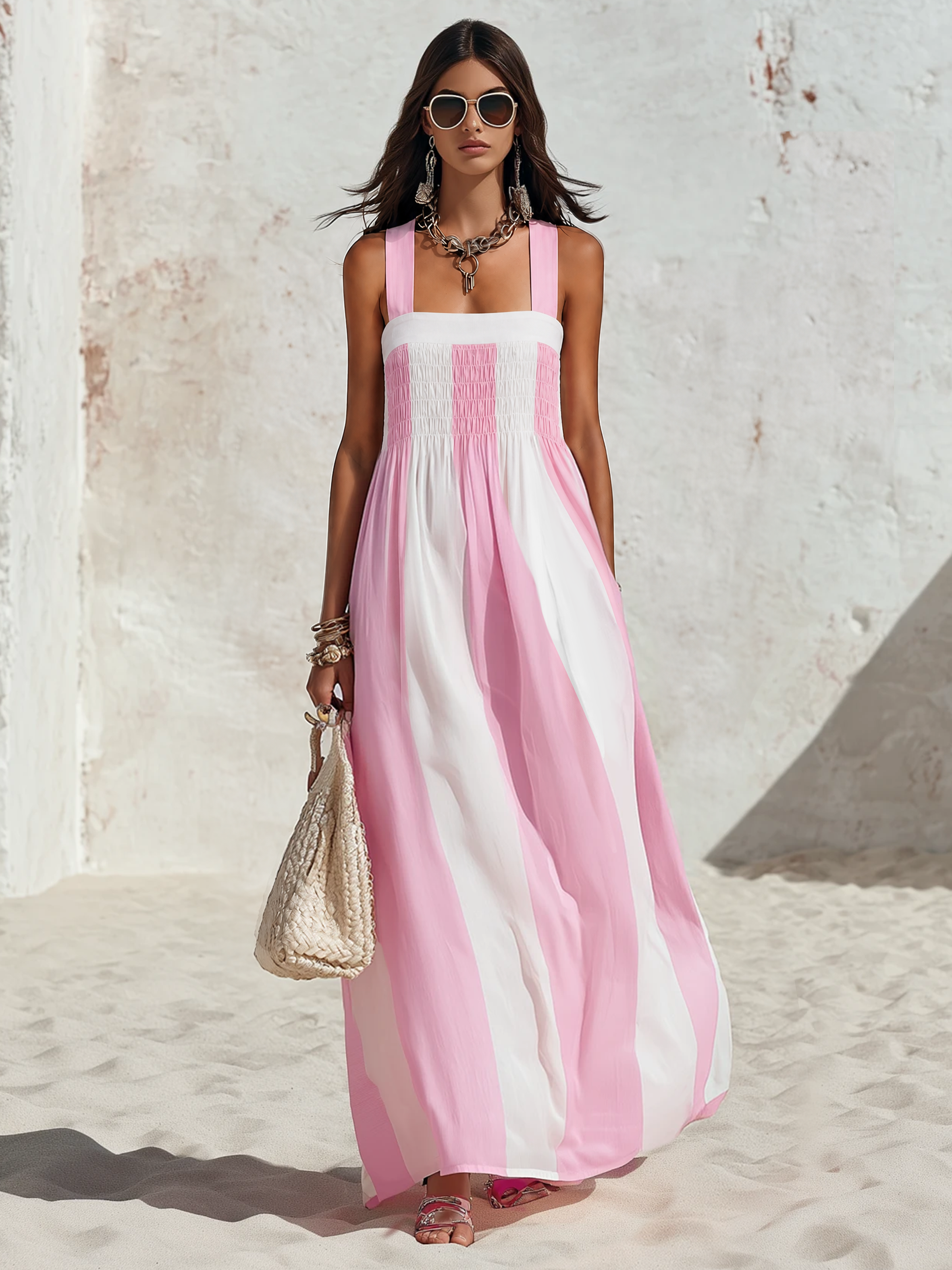 Resort Style Square Neck Sleeveless Striped Chiffon Maxi Dress