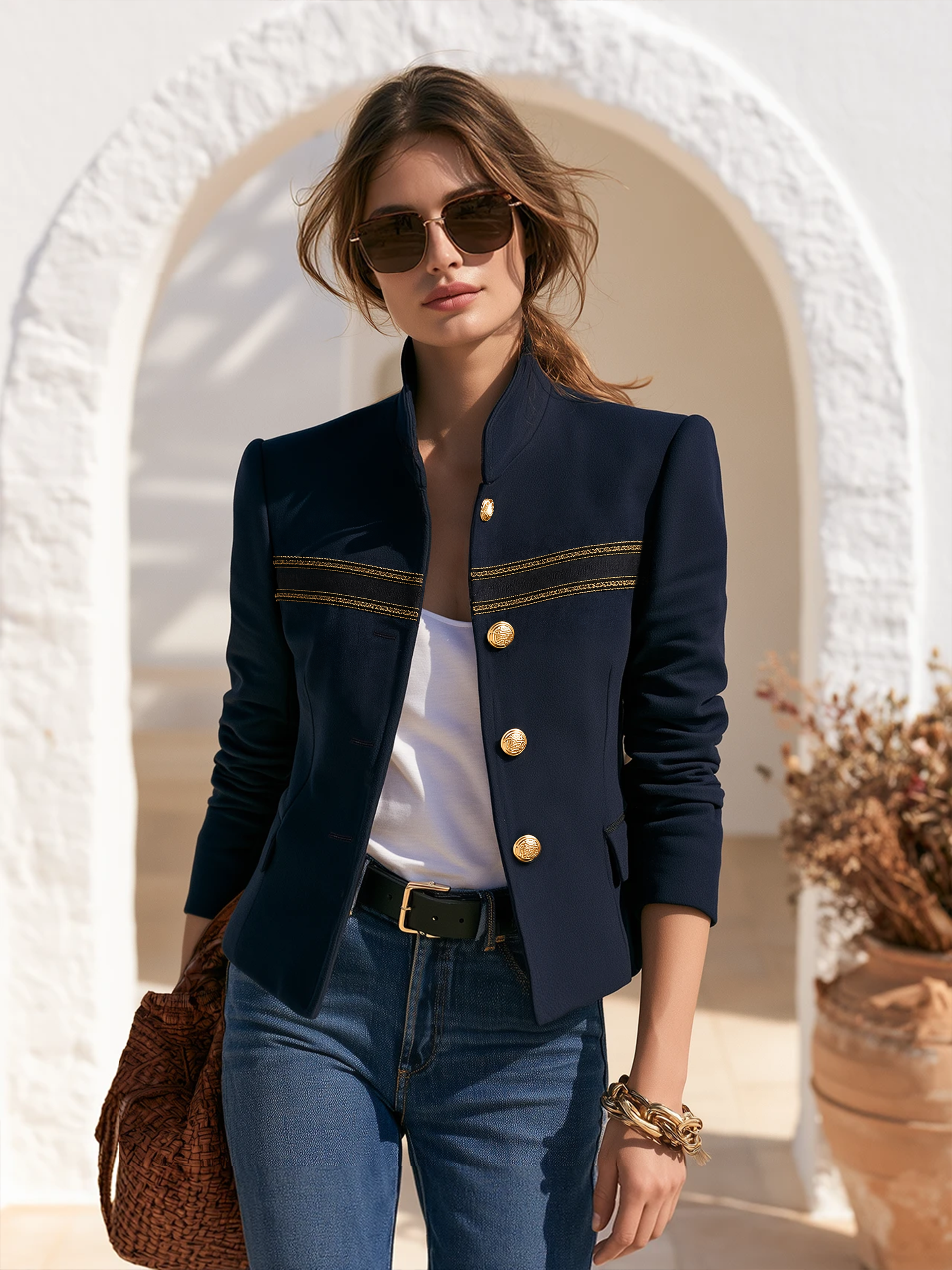Old Money Gold Ribbon Trim Stand Collar Navy Jacket