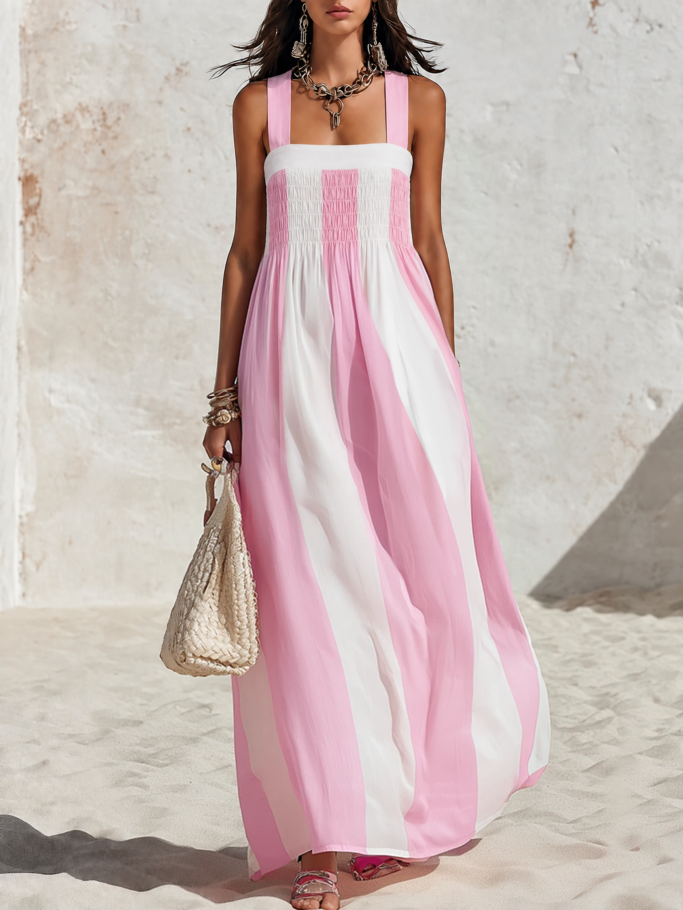 Resort Style Square Neck Sleeveless Striped Chiffon Maxi Dress - Lunemuse