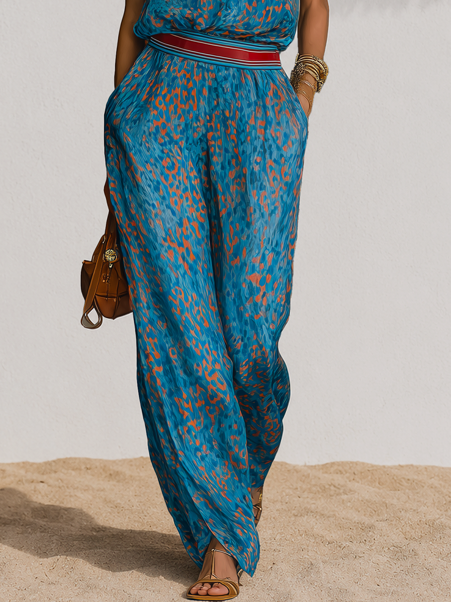 Retro-chic Leopard Print Chiffon Top And Wide-leg Pants Set