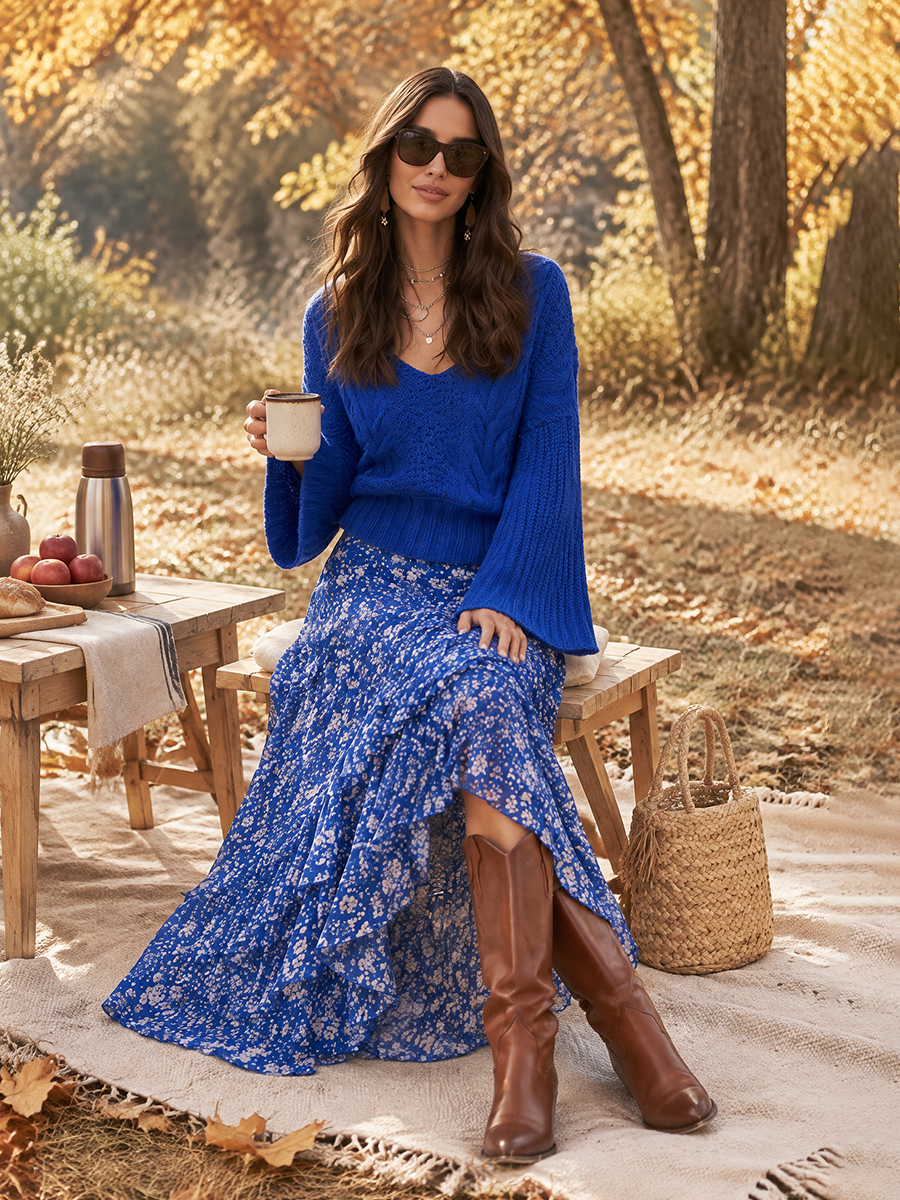 Blue Crush Boho Chic V-Neck Cable-Knit Bell-Sleeve Sweater & Floral Chiffon-Look Cascading Ruffle Maxi Skirt Set