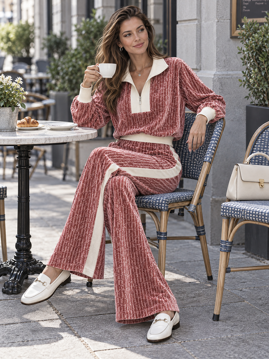 Old Money Style Dusty Rose Printed Velvet Contrast-Collar Half-Zip Pullover & High-Waisted Flared Pants Set