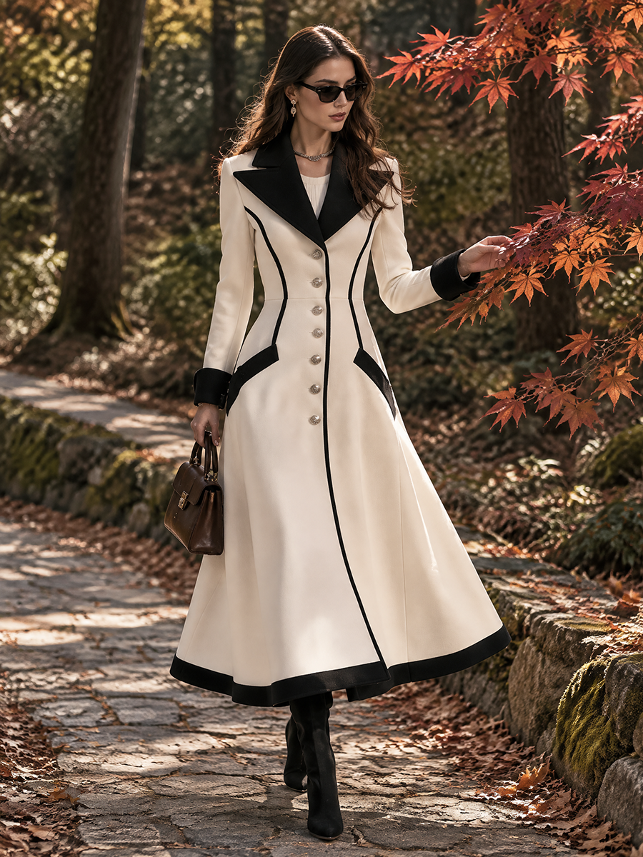 Ivory & Black Contrast-Trim Gold-Button Structured Fabric Fit-and-Flare Coat