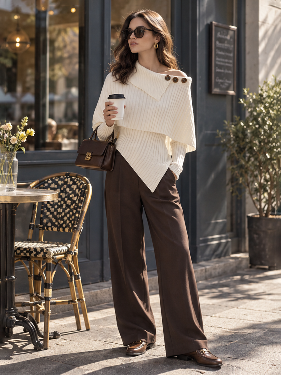 Asymmetric Off-Shoulder Cape Layered Rib Knit Sweater