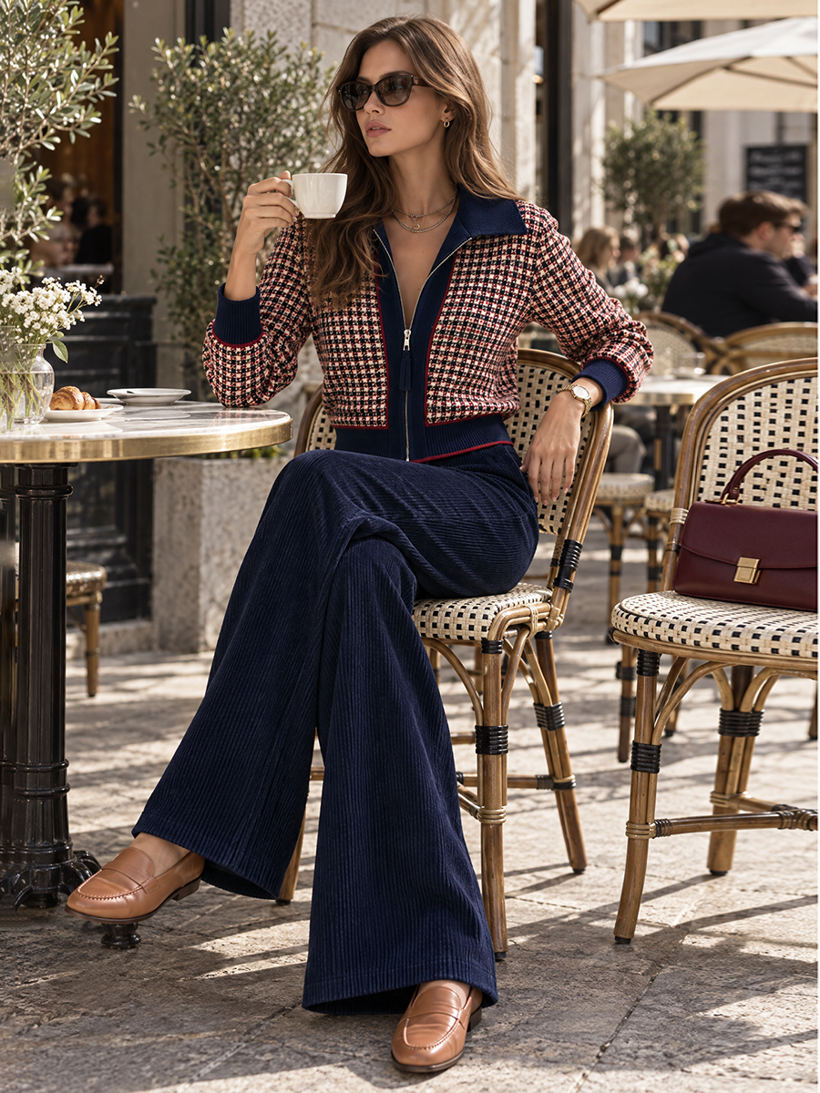 Contrast-Trim Houndstooth Textured Knit Zip-Up Jacket And Wide-Leg Trouser Set