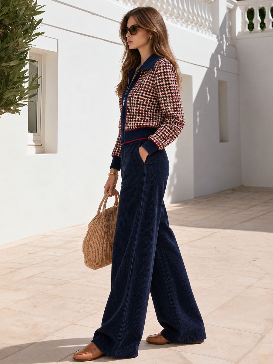 Contrast-Trim Houndstooth Textured Knit Zip-Up Jacket And Wide-Leg Trouser Set