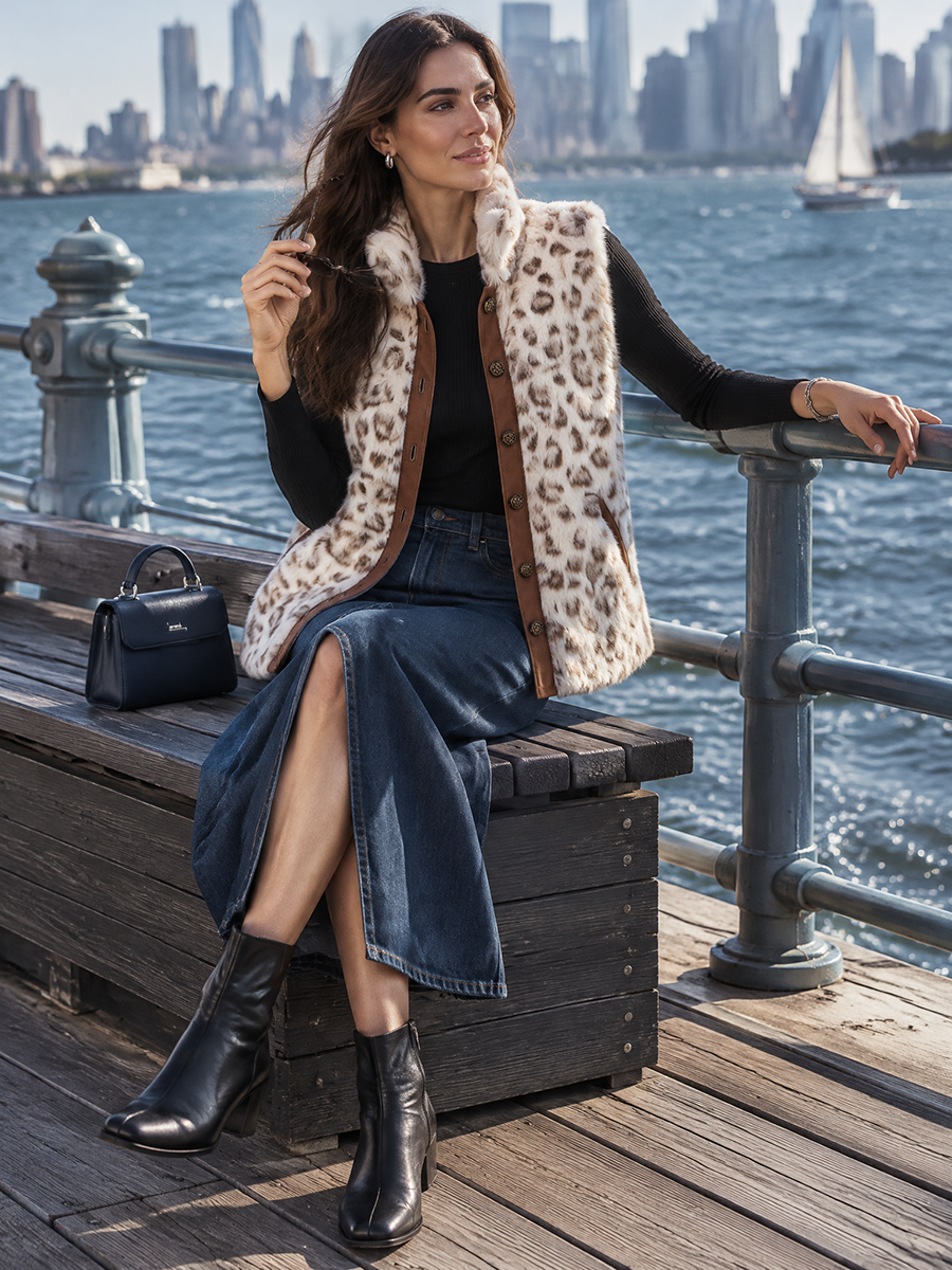 Chic Leopard-Print Plush Pile, Stand Collar, Suede-Look Contrast Trim & Vintage-Inspired Button-Front Vest
