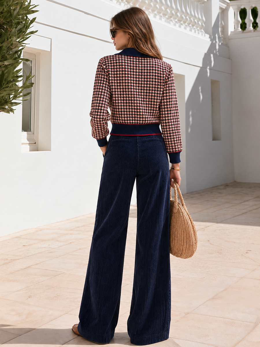 Contrast-Trim Houndstooth Textured Knit Zip-Up Jacket And Wide-Leg Trouser Set