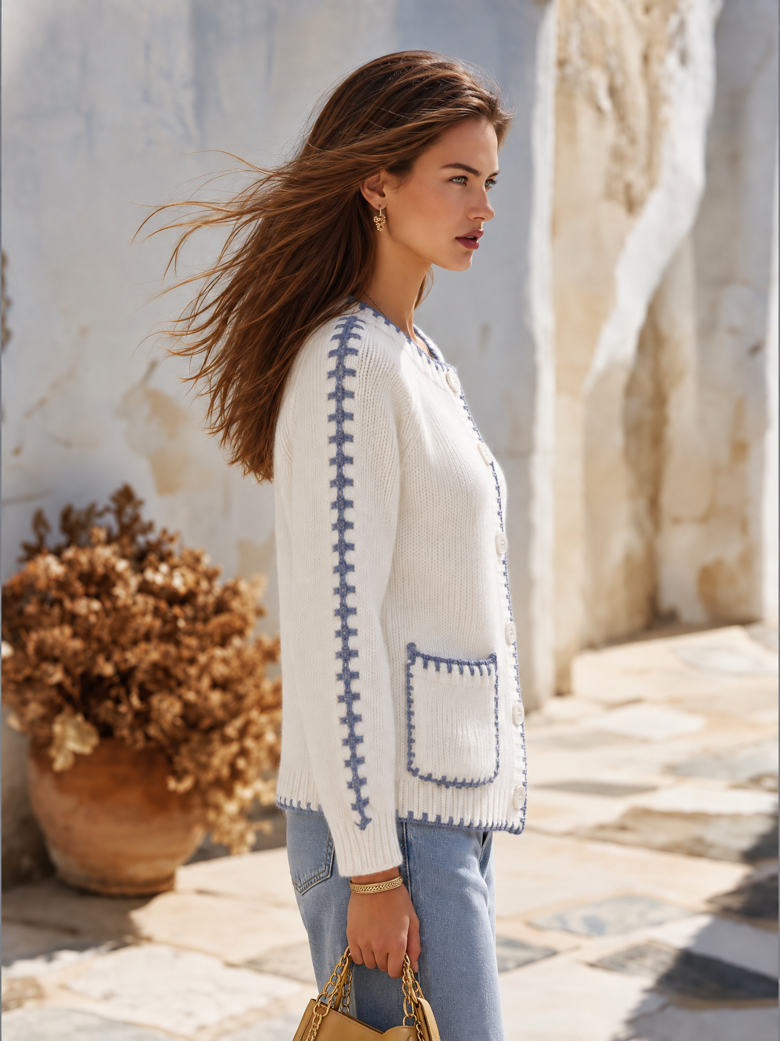 Resort Style Crew Neck Pocket Long Sleeve Cardigan