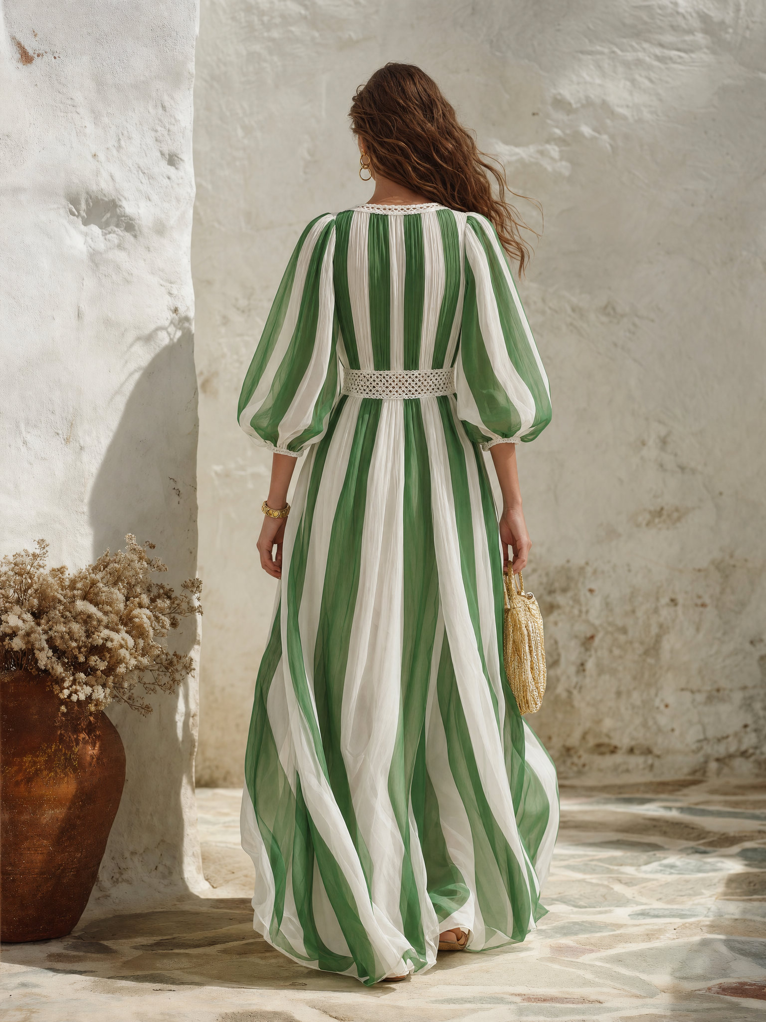 Resort-style Square Neckline Midi Sleeve Lace-trimmed Striped Chiffon Maxi Dress