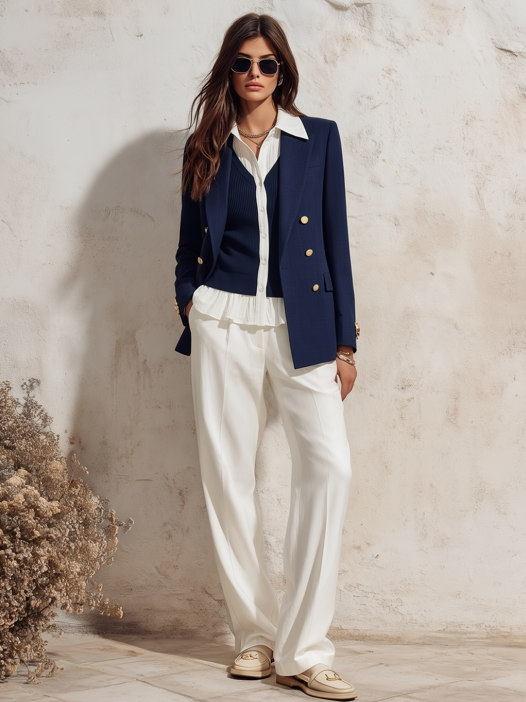 Nautical Riviera Navy Blue Tailored Blazer Vest Two Piece Set