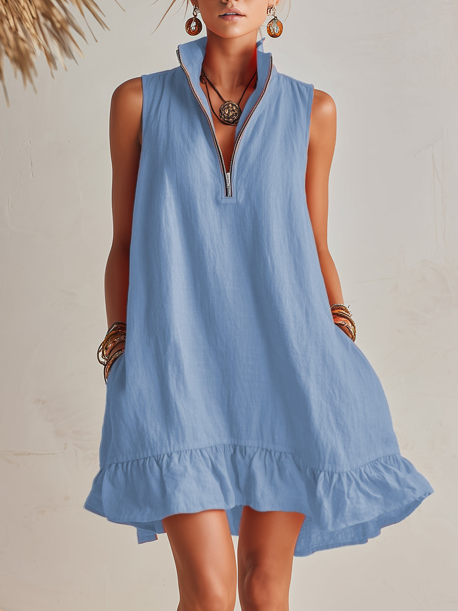 Vibrant Resort Orange Cotton Linen Half-Zip Stand Collar Ruffled Hem Mini Dress