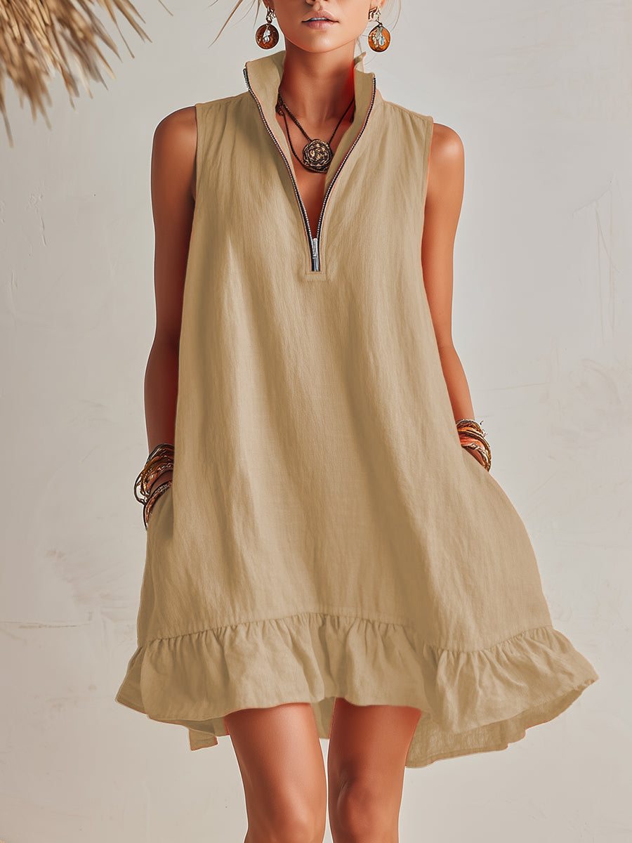 Vibrant Resort Orange Cotton Linen Half-Zip Stand Collar Ruffled Hem Mini Dress