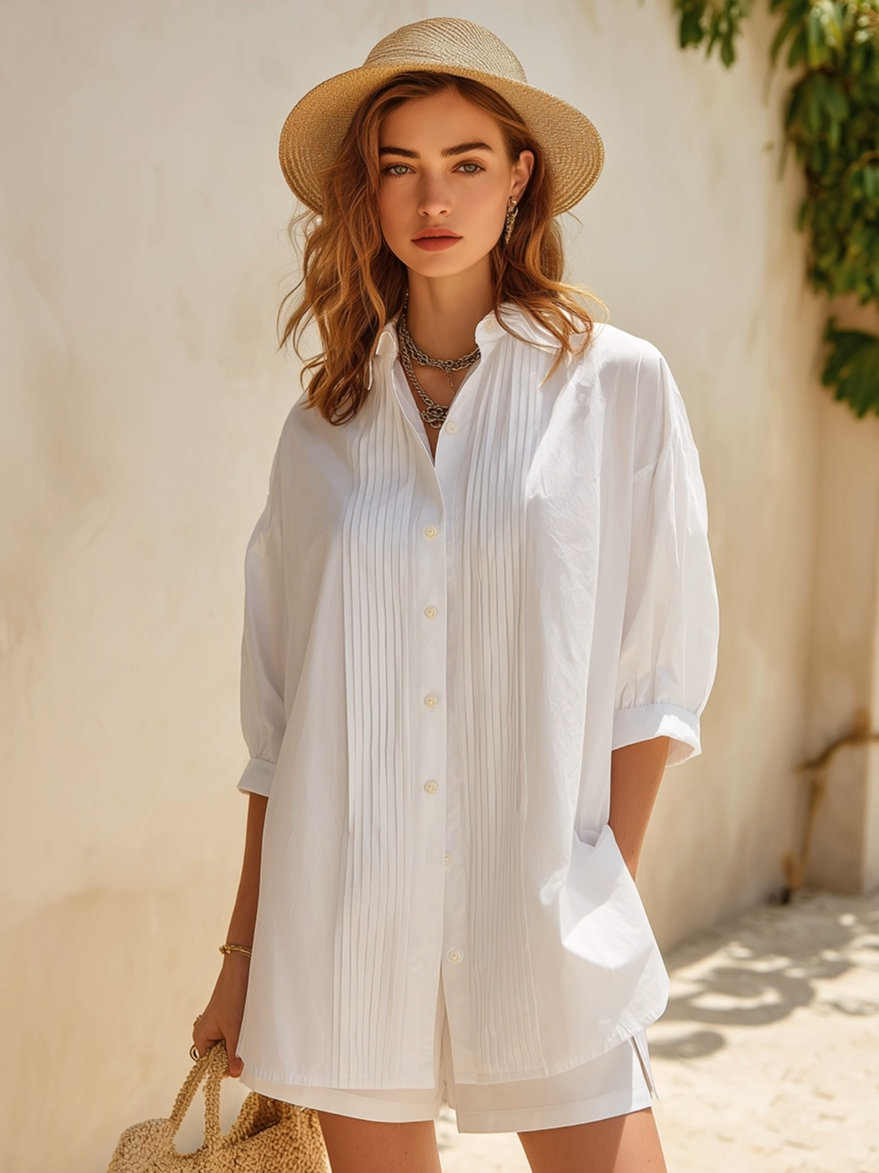 Vacation-Style White Short-Sleeve Shirt And Shorts Set