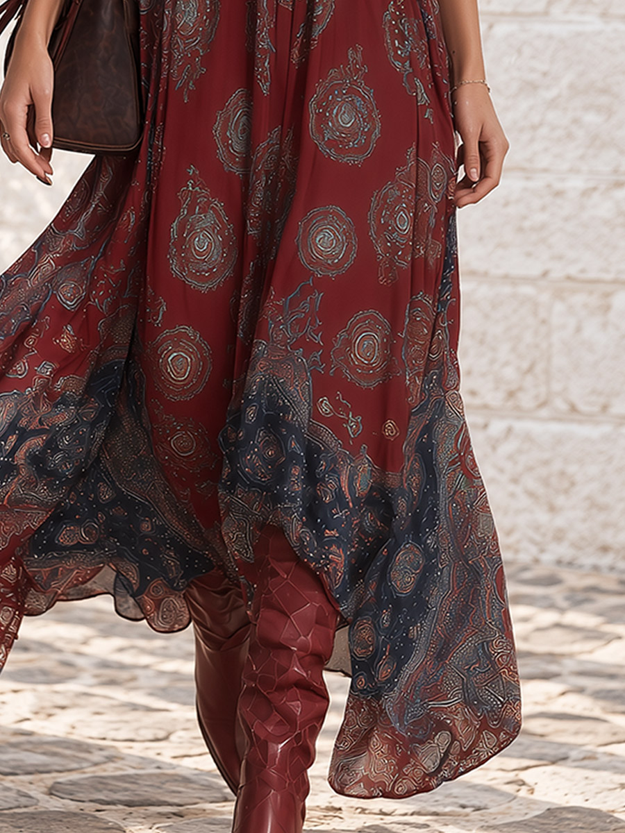 Retro Ethnic Bohemian Print Chiffon Sleeveless Maxi Dress