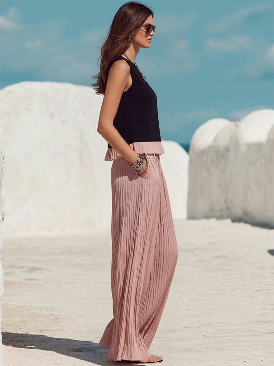 Casual Vacation Style Black Patchwork Pink Ruffled Sleeveless Top And Pink Ruffled Trousers Set