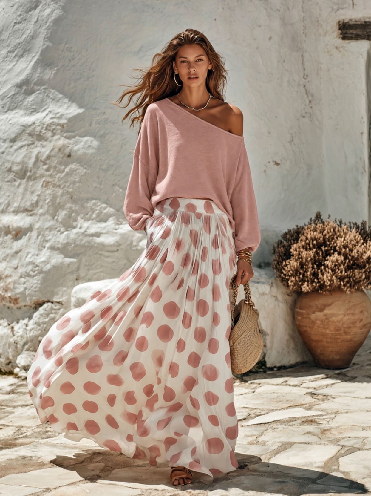 Resort-style One-shoulder Long-sleeve Top And Polka-dot Print Skirt Set