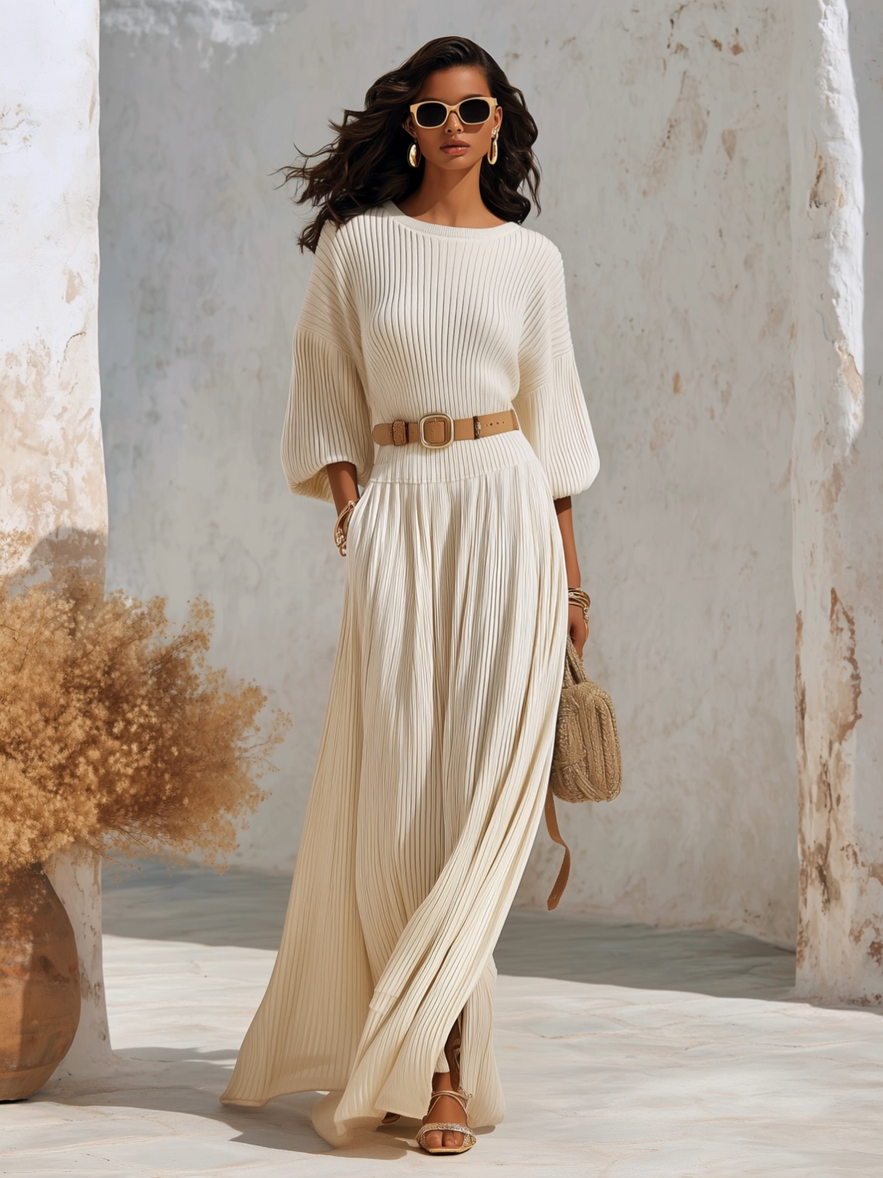 Capri Vibe Cream Ribbed Knit Puff Sleeve Belted Maxi Dress
