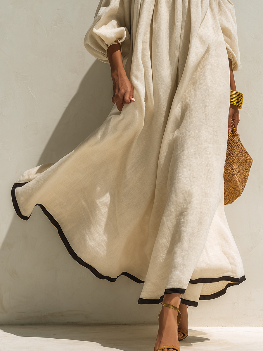 Loose-fitting Color-blocked Off-the-shoulder Beige Cotton-linen Maxi Dress