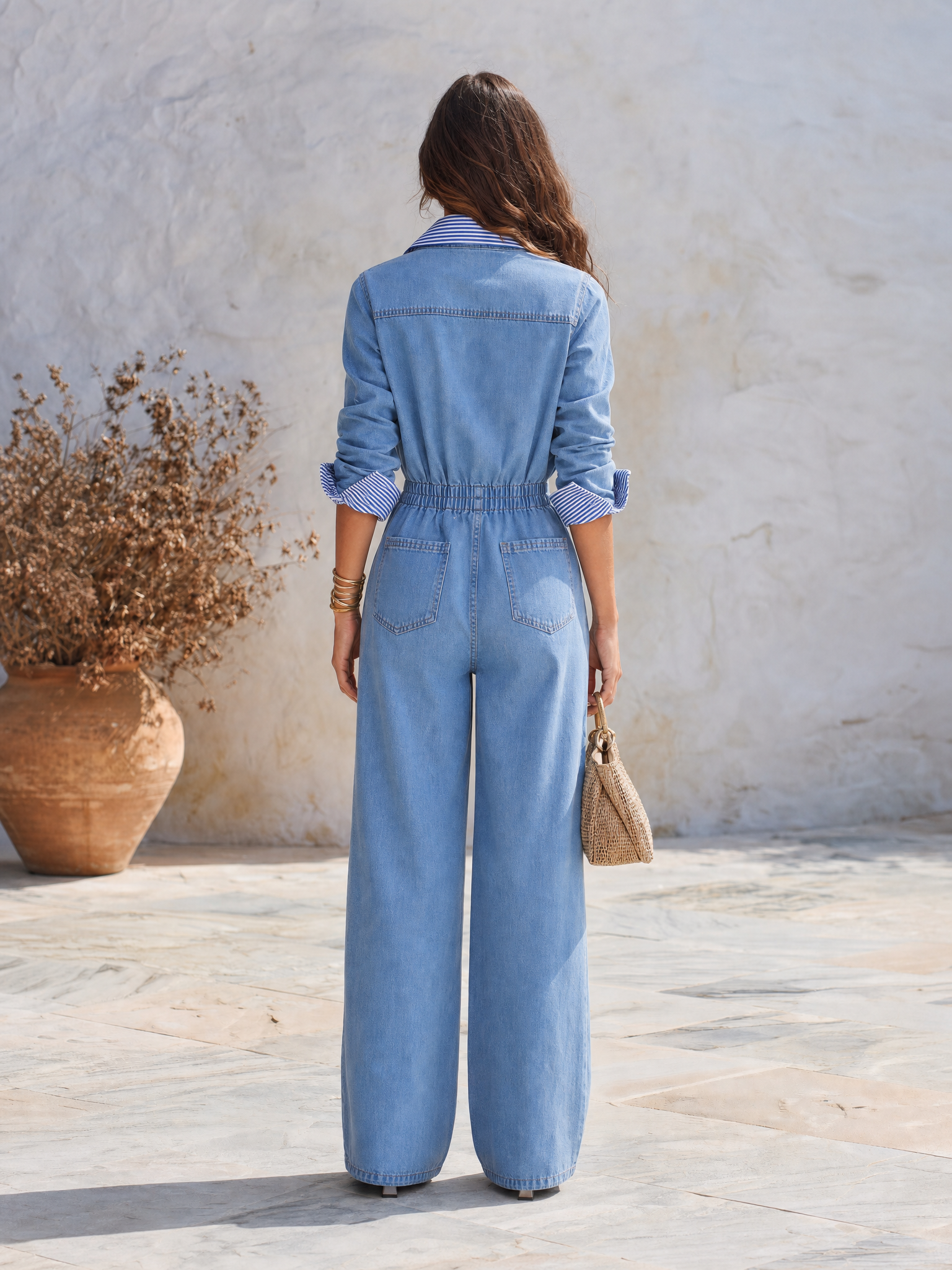 Resort-style Striped Patchwork Denim Collar Jumpsuit