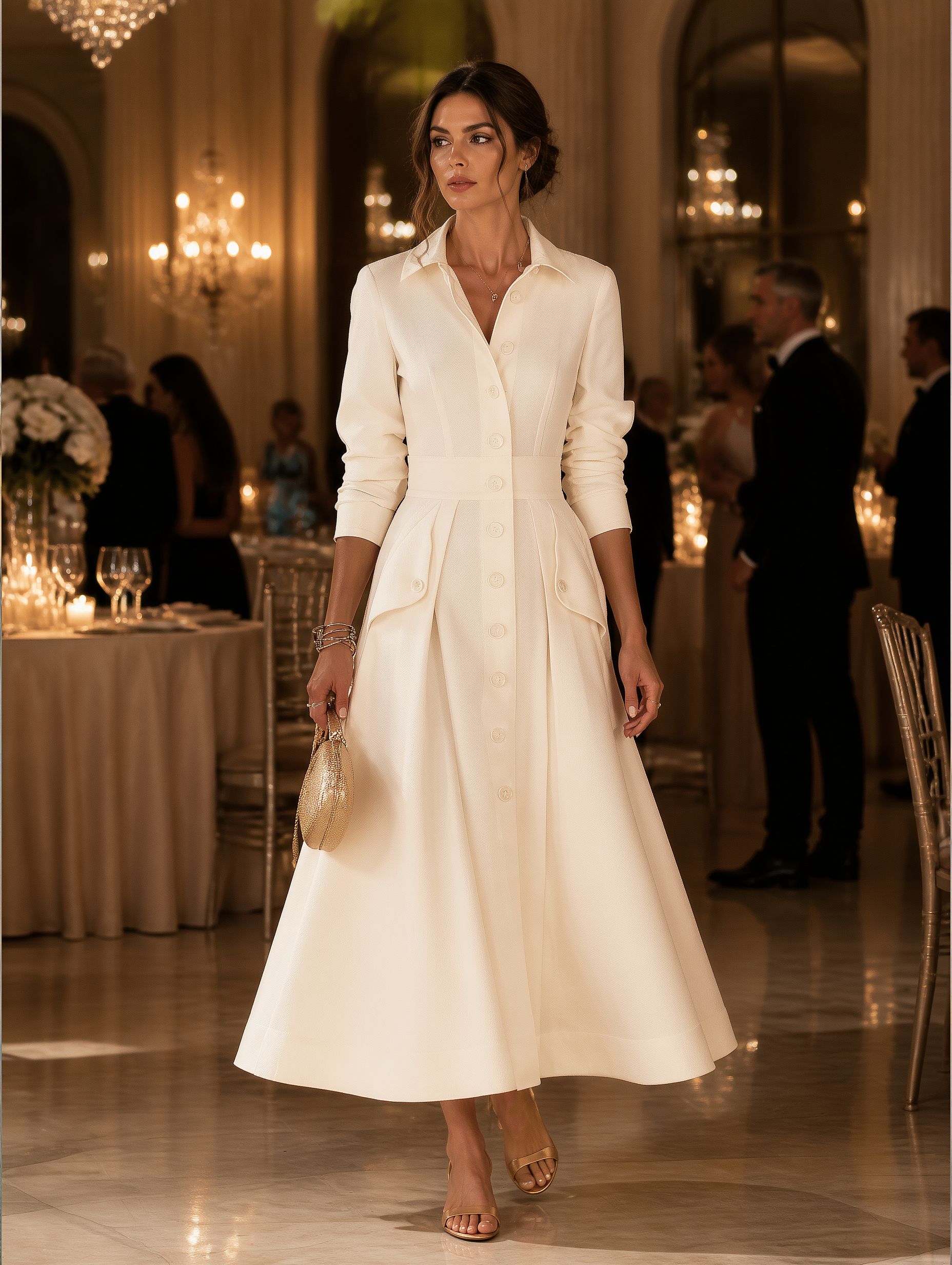 Elegant Long Sleeve Button-Up Pleated A-Line Maxi Dress