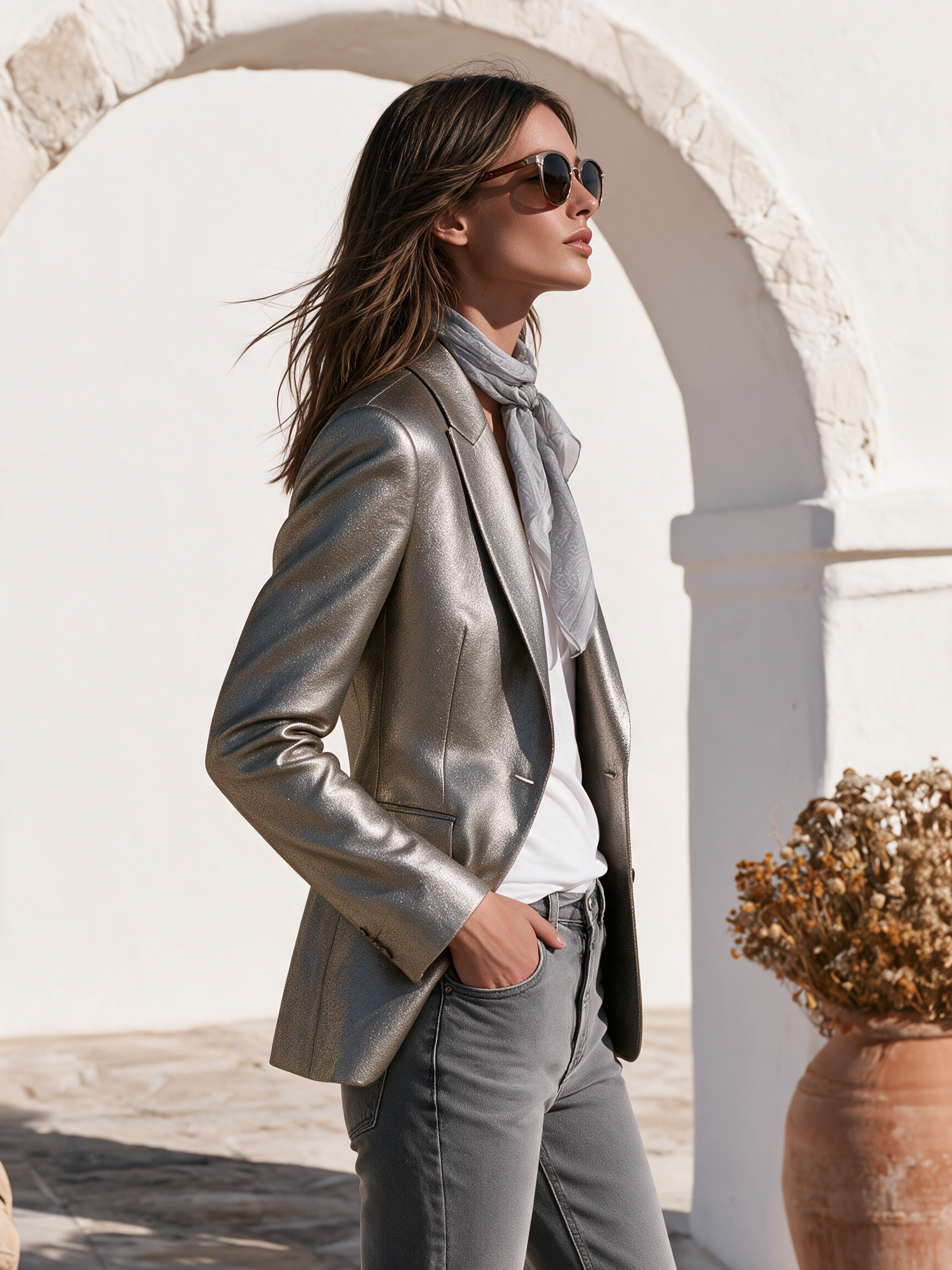 Chic Sophisticated Single Button Metallic Silver Blazer