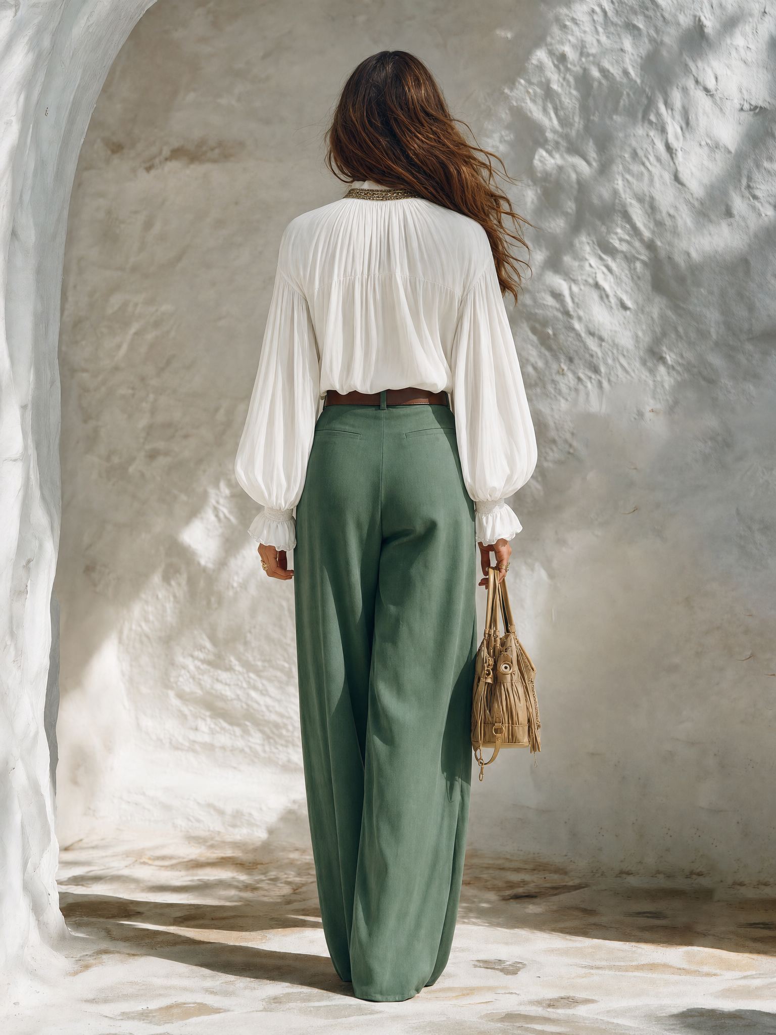 Resort-style V-neck Lantern-sleeve Top And Trousers Set