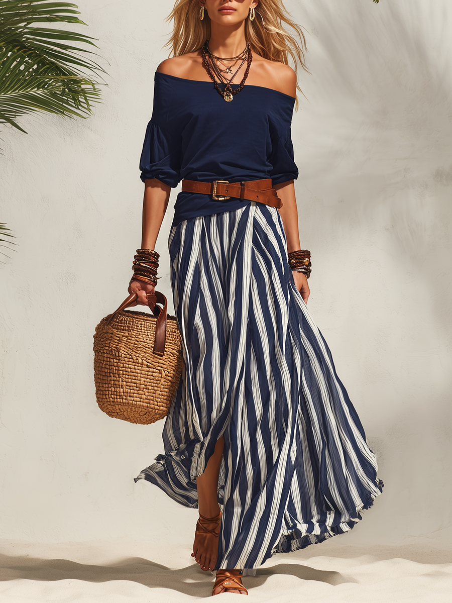 Nautical Vacation Style Navy Blue Off-the-shoulder Top And Navy Blue And White Striped Chiffon Slit Skirt Set